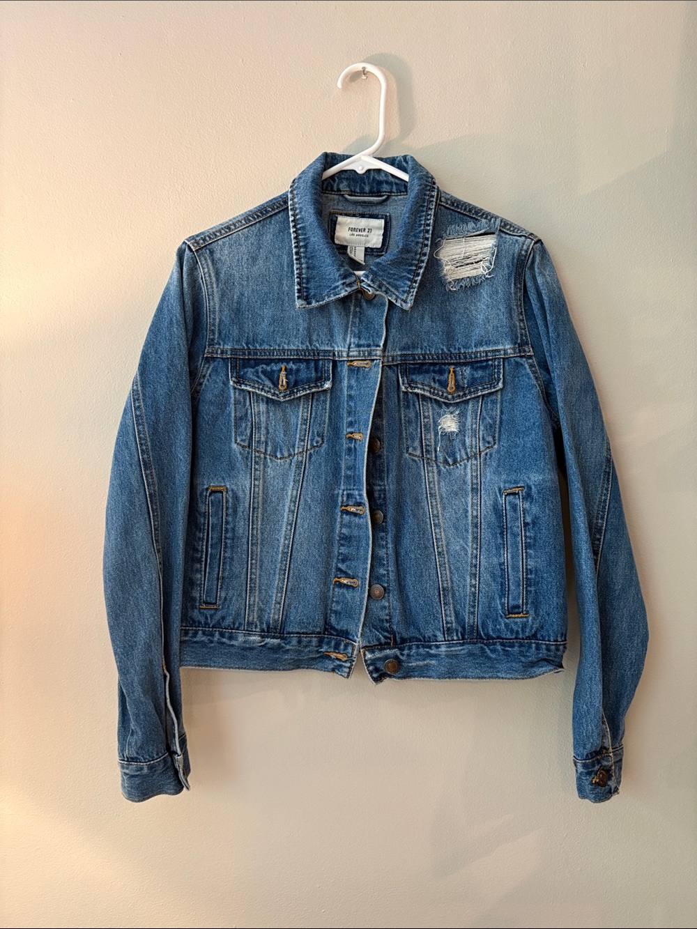 Forever 21 Blue Distressed Denim Jacket - Women's